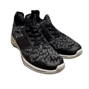 Skechers womens Black and Gray abstract print sneakers.
